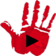 Logo for Genocide.live: A bloodied hand with the "play" button icon in the middle